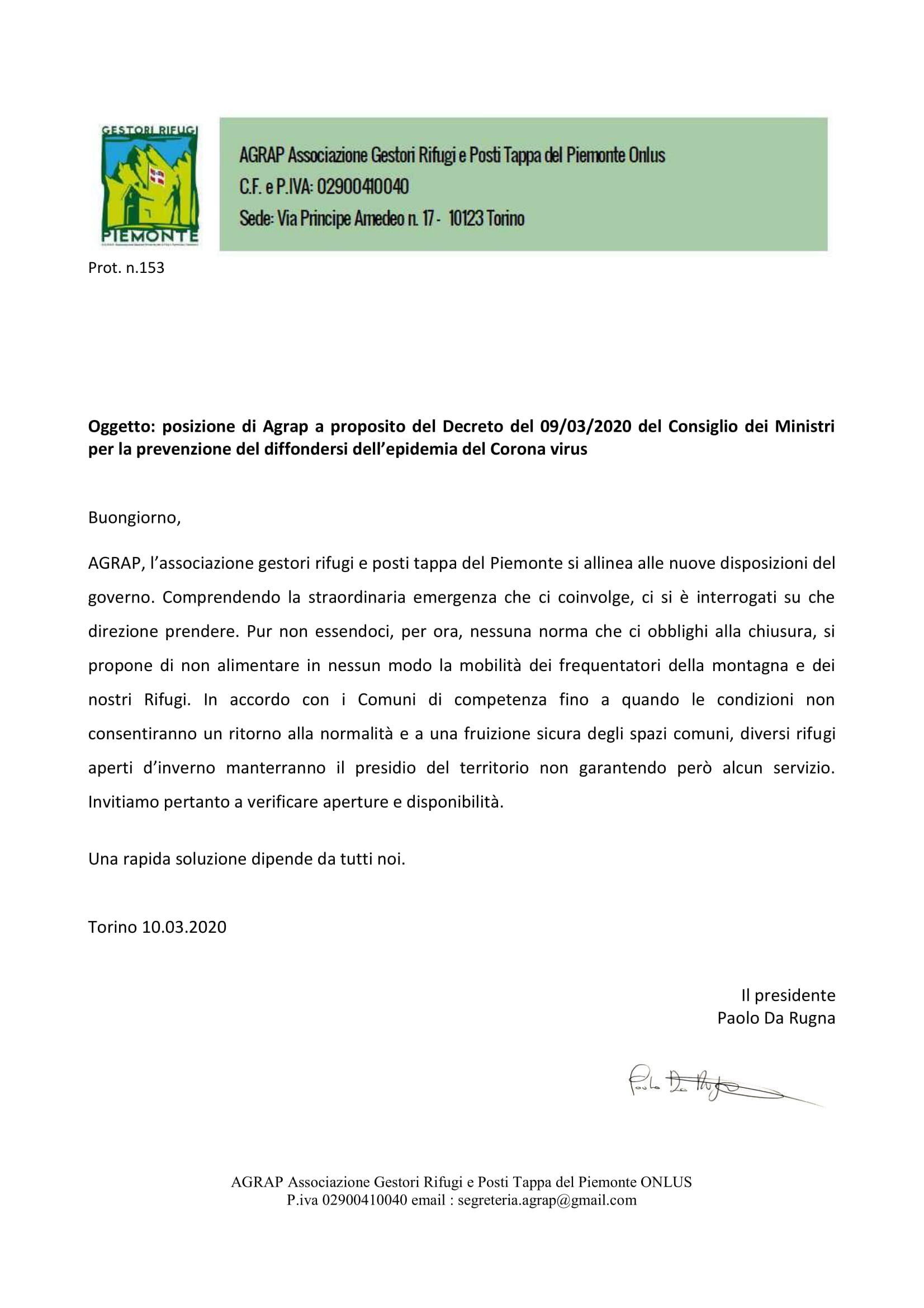 Posizione di Agrap a proposito del Decreto del 09/03/2020 del Consiglio dei Ministri per la prevenzione del diffondersi dell’epidemia del Corona virus